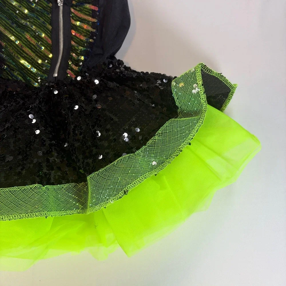 Weissman Kids Sequin Dance Costume Neon Green Black Jazz Tutu Dress MC
